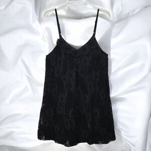 Loveriche Mini Dress Woman Medium Black Floral Applique Lined Lace Babydoll Boho